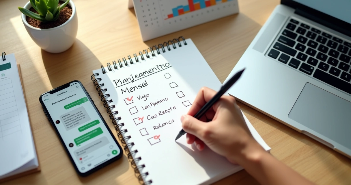 Pessoa marcando checklist de planejamento mensal em caderno ao lado de notebook e calendário