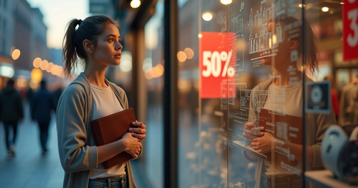 Pessoa segurando carteira fechada em frente a vitrine de loja