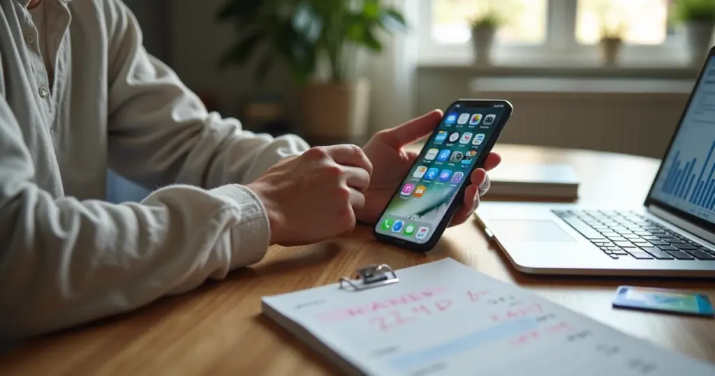 Pessoa analisando assinaturas digitais no celular ao lado de cartão de crédito