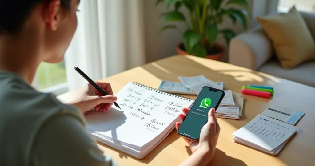 Pessoa organizando gastos de início de ano com caderno, celular e notas sobre a mesa