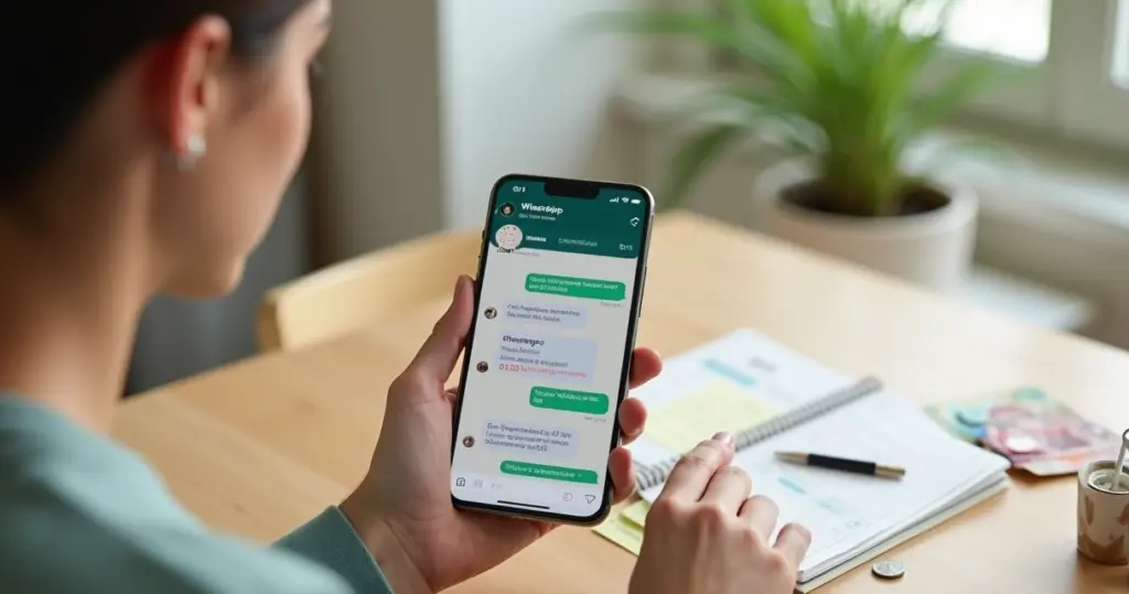 Pessoa usando WhatsApp para organizar gastos semanais em mesa com dinheiro e anotações