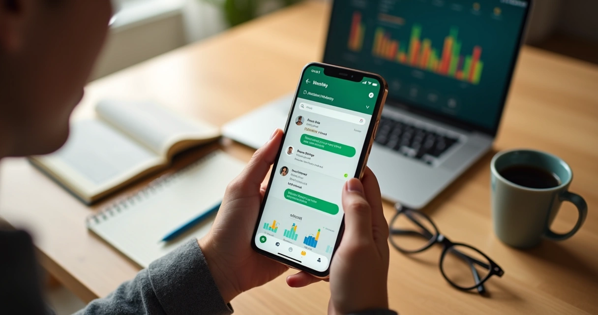 Pessoa usando app de controle de gastos pelo WhatsApp no celular sobre a mesa com gráficos de finanças