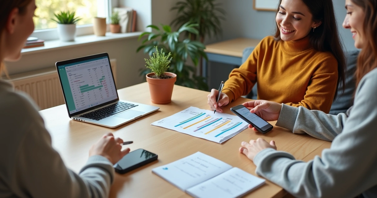 Amigos dividindo despesas de aluguel com ajuda do celular e planilha na mesa