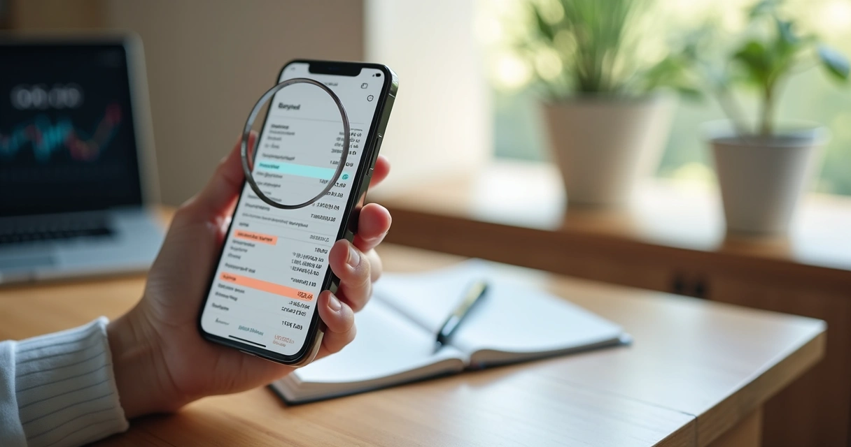 Pessoa analisando extrato bancário no celular com lupa destacando tarifas bancárias