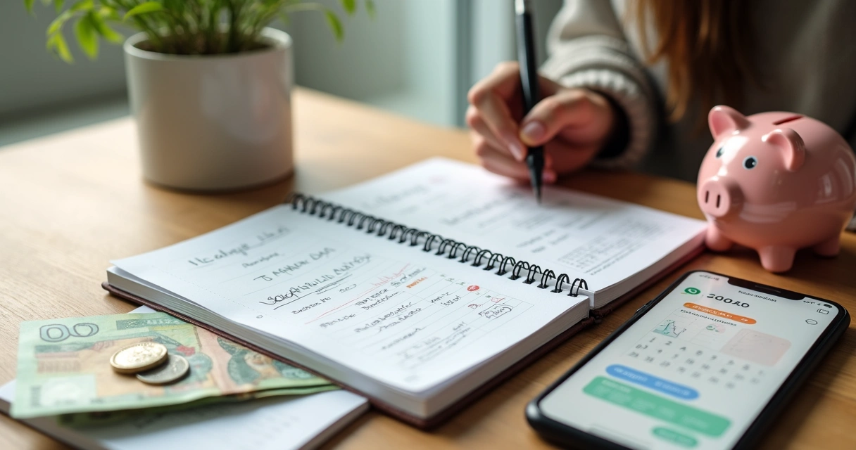 Pessoa organizando finanças com caderno, celular e cofrinho em mesa com calendário do começo do ano
