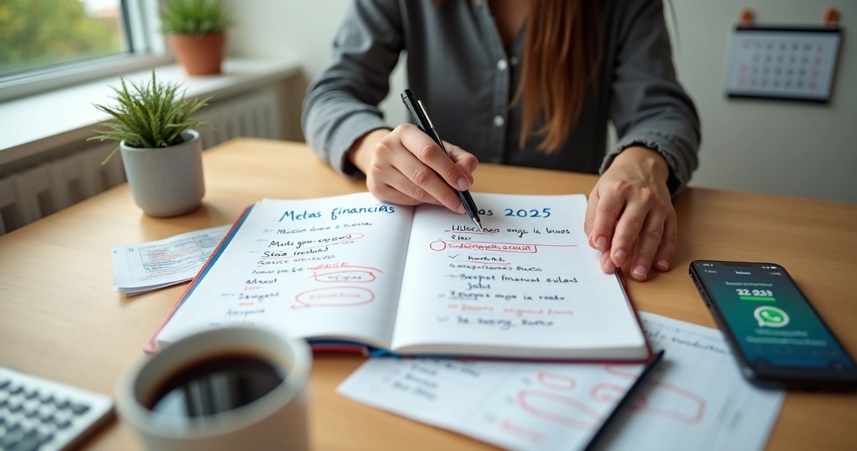 Pessoa planejando metas financeiras de ano novo com anotações destacando erros e correções