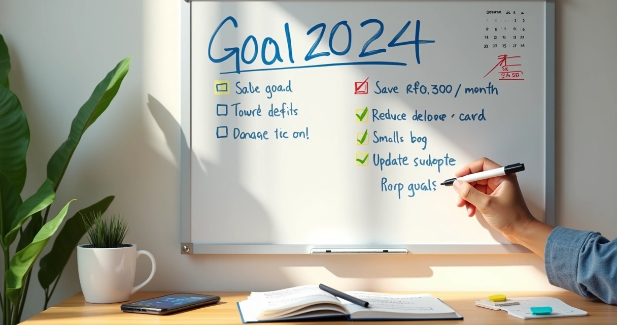 Pessoa marcando metas financeiras realistas em um quadro branco com calendário e gráficos