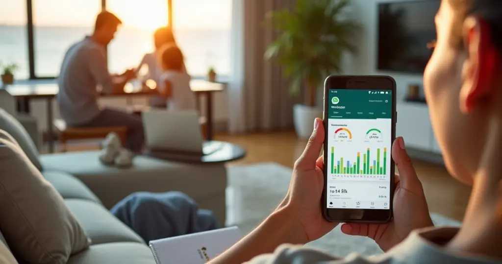 Pessoa usando WhatsApp no sofá para organizar o orçamento doméstico com gráficos na tela