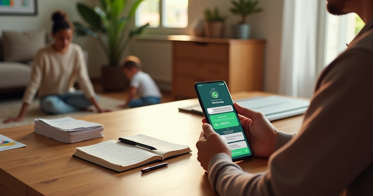 Família jovem organizando orçamento familiar com anotações no WhatsApp sobre a mesa