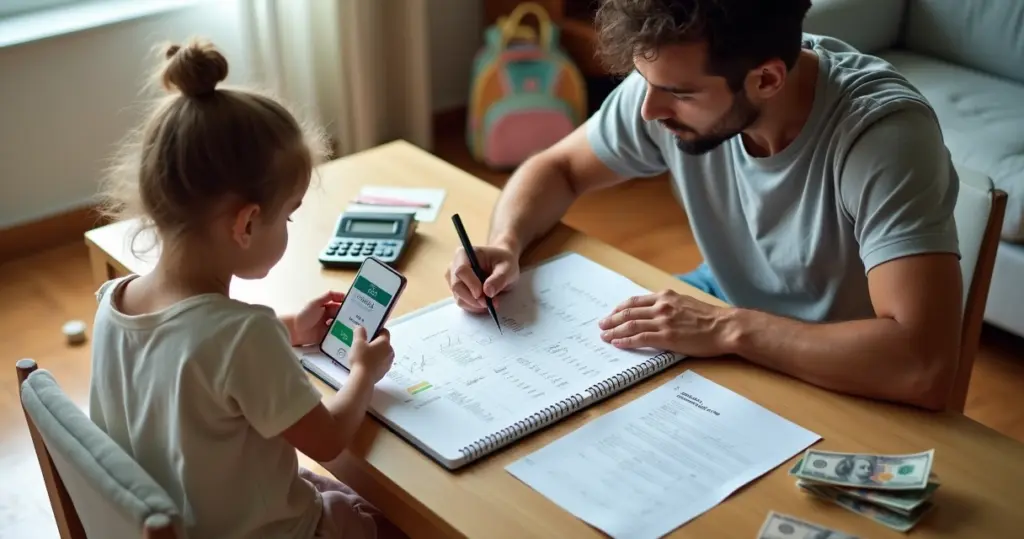Casal jovem planejando gastos com filho pequeno na mesa de casa