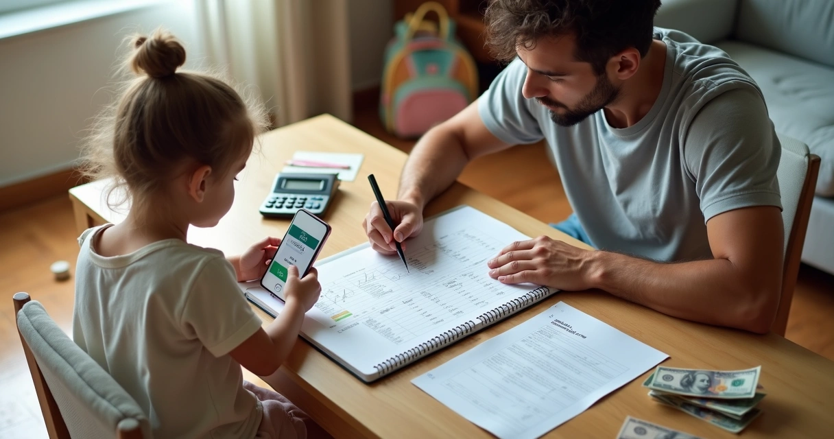 Casal jovem planejando gastos com filho pequeno na mesa de casa