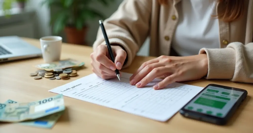 Pessoa calculando quanto guardar do décimo terceiro salário com dinheiro e planilha sobre a mesa