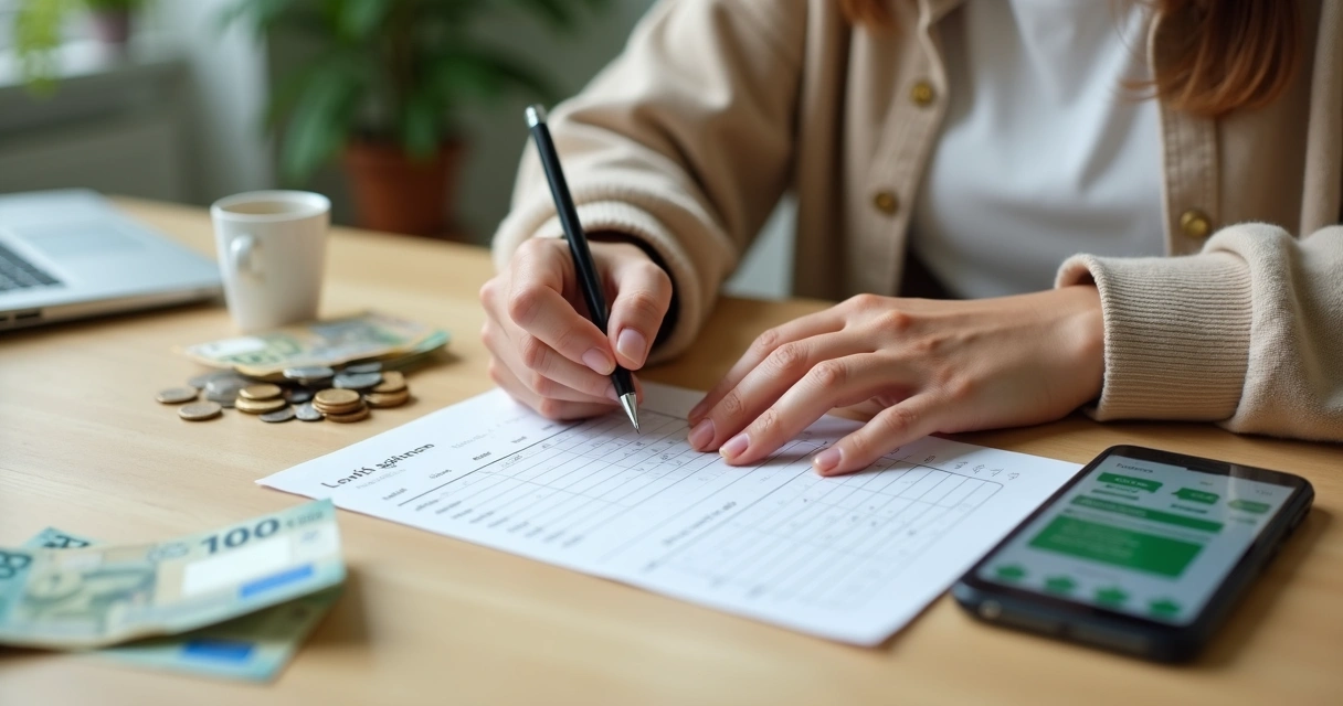 Pessoa calculando quanto guardar do décimo terceiro salário com dinheiro e planilha sobre a mesa