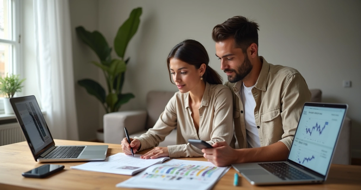 Casal analisando orçamento para comprar geladeira nova na mesa da sala