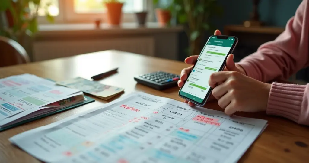 Pessoa organizando despesas de início de ano com celular, boletos e calendário