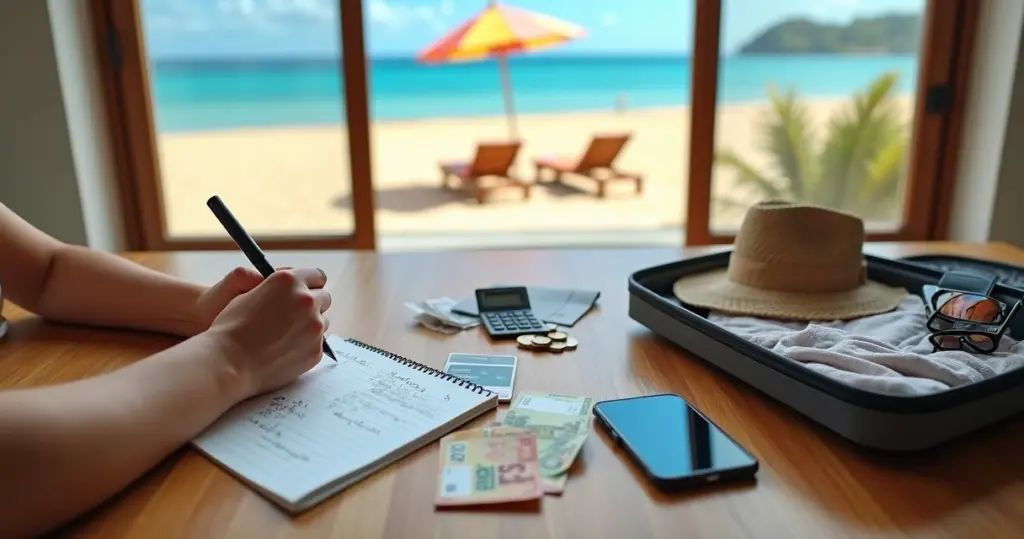 Pessoa organizando orçamento de viagem de verão na praia com mala e dinheiro