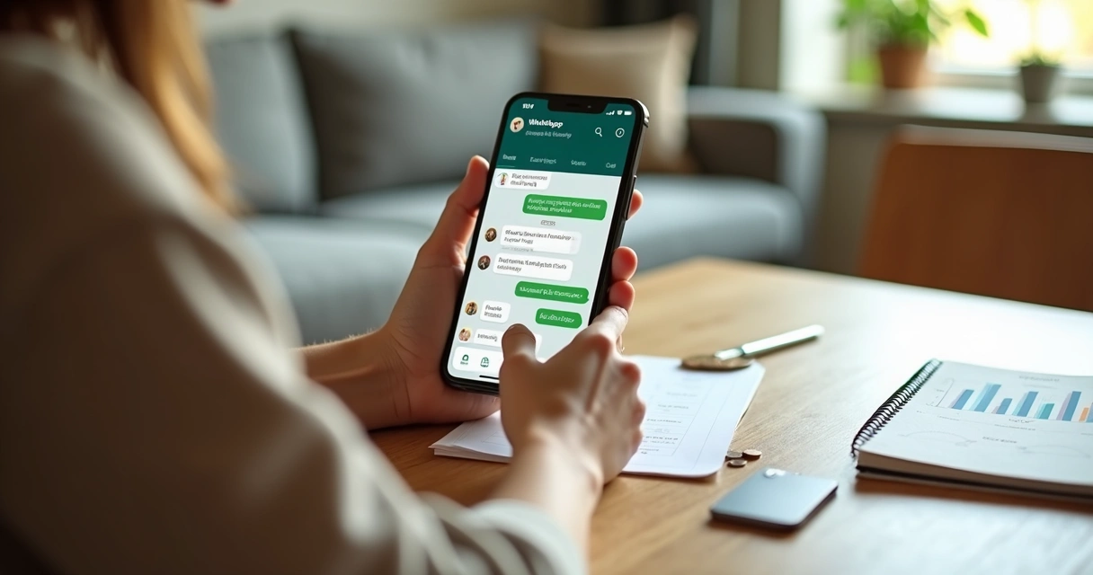 Pessoa usando o WhatsApp para organizar finanças com anotações de gastos ao lado
