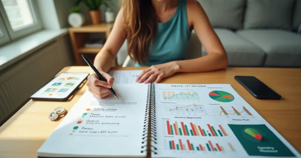 Pessoa revisando metas financeiras em um caderno com calendário de 2026 e gráficos ao lado