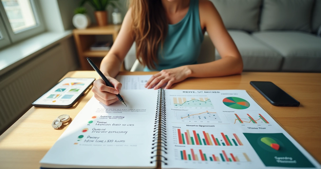 Pessoa revisando metas financeiras em um caderno com calendário de 2026 e gráficos ao lado