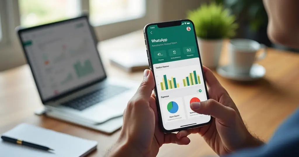 Pessoa usando o WhatsApp no celular com relatório financeiro na tela