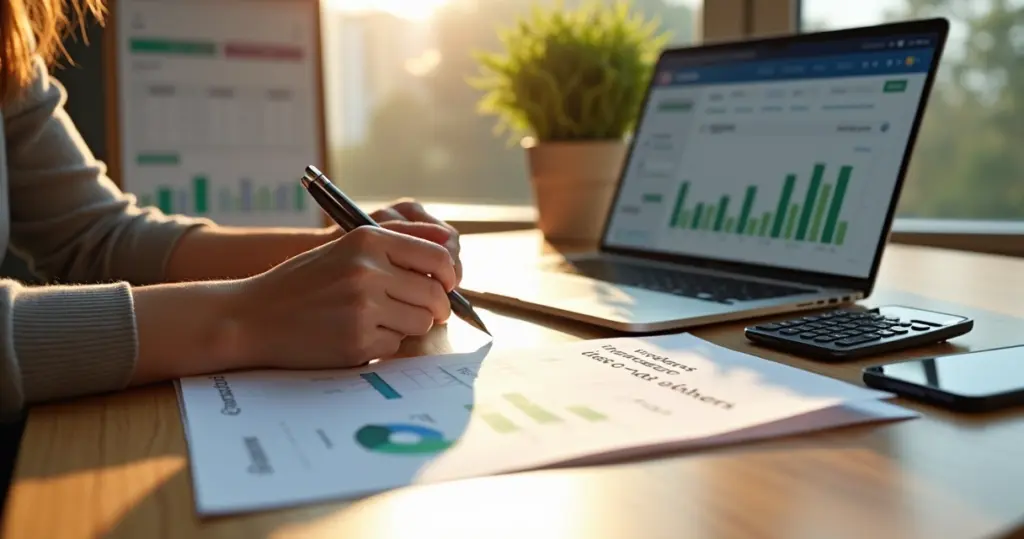 Pessoa revendo metas financeiras com gráficos coloridos no início do ano