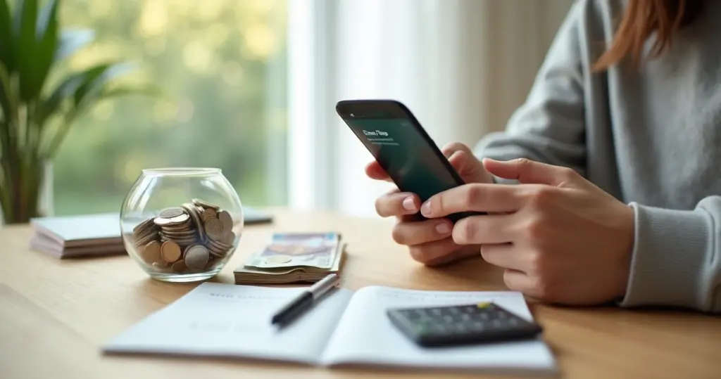 Pessoa usando o WhatsApp para organizar dinheiro em um cofrinho e anotações de gastos