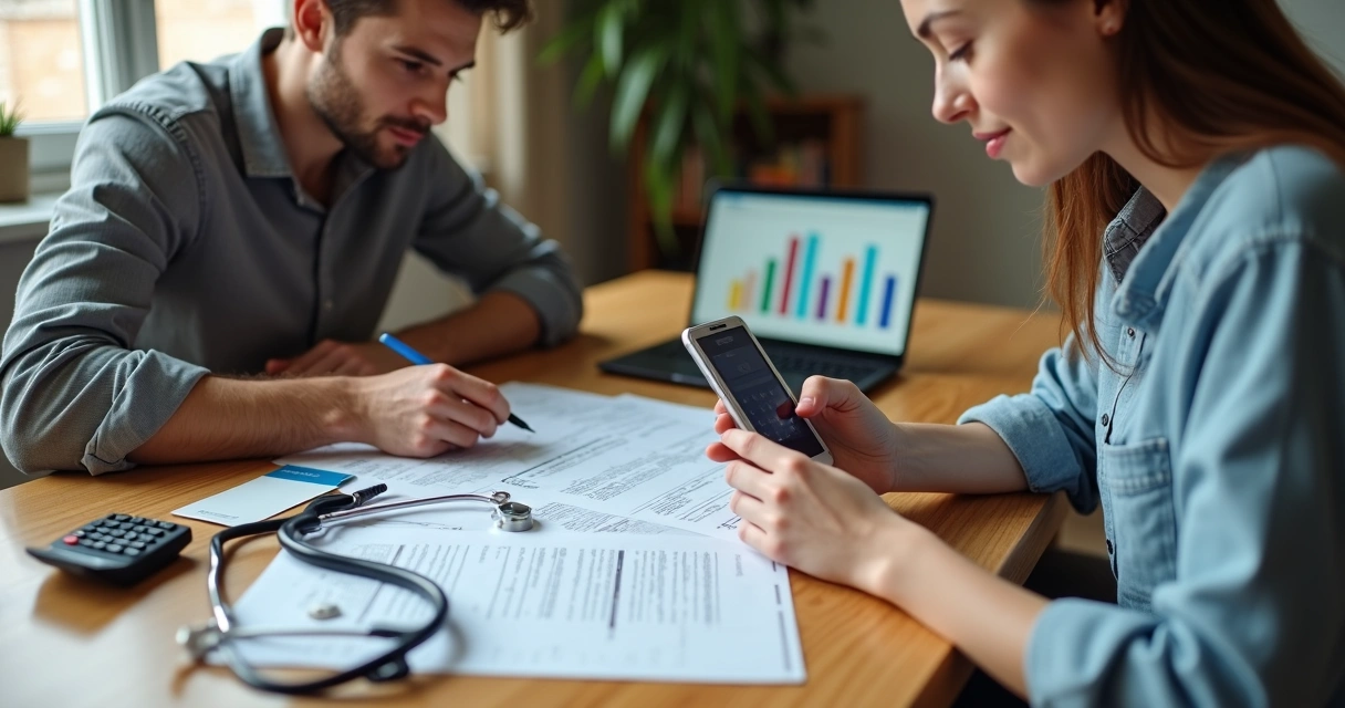 Casal sentado à mesa organizando finanças com contas médicas e calculadora