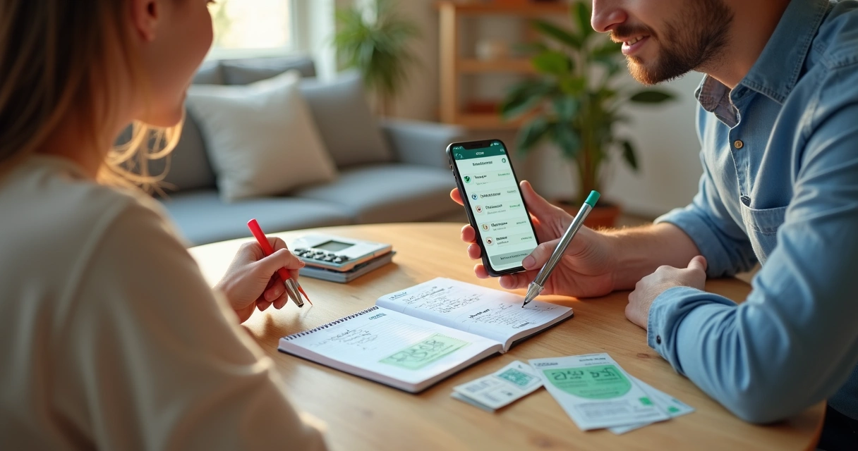 Casal jovem planejando gastos de lazer com celular e anotações na mesa