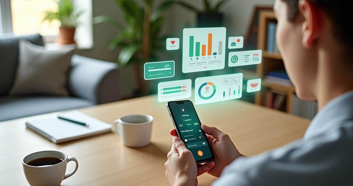 Pessoa controlando microtransações de pix pelo celular com gráficos financeiros simples