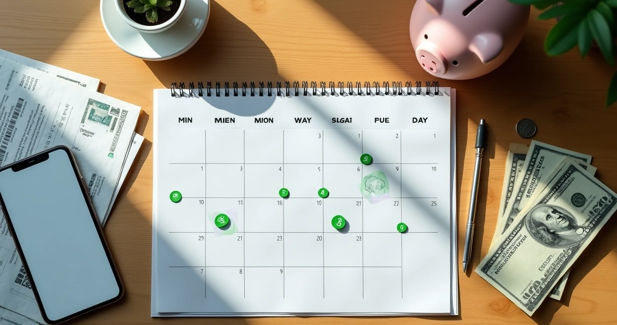 Calendário do mês com contas organizadas e destaque em dias marcados para economizar