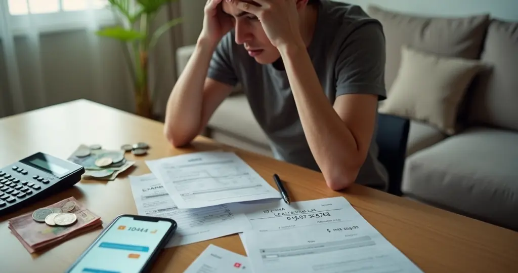 Pessoa analisando extratos bancários com moedas e notas espalhadas na mesa