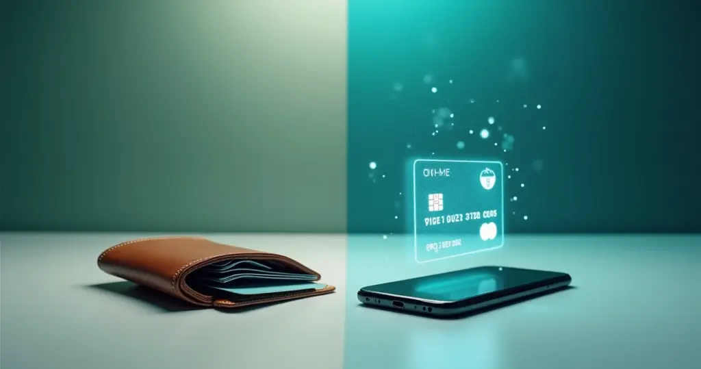 Divisão entre cartão físico na carteira e cartão virtual no celular